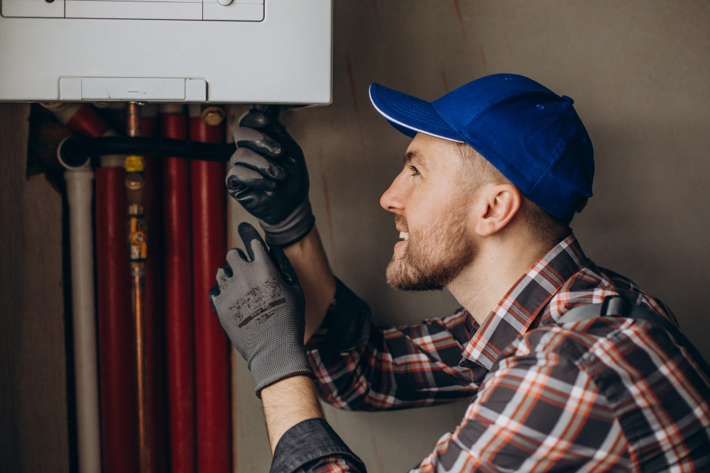 Professional technician performing a gas boiler replacement, adjusting the system components in a residential utility room